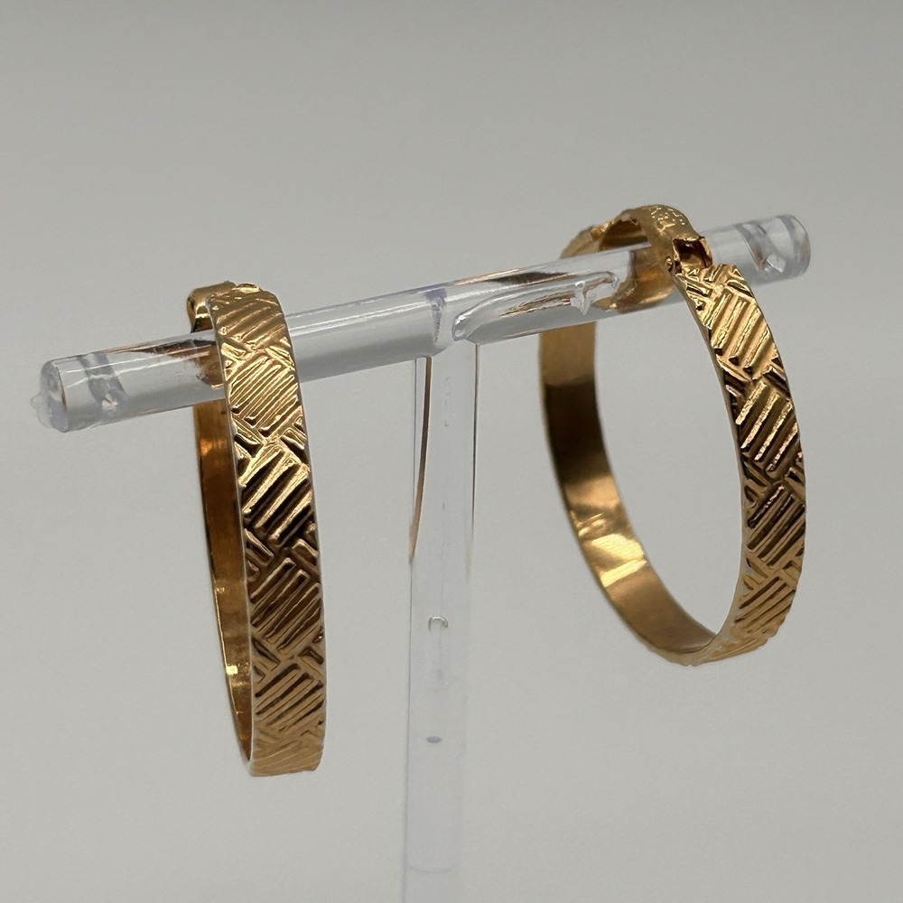Vintage Lewis Segal Clip On Earrings Gold tone Texture Hoop Signed 1.5"